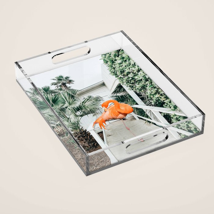 Flamingo Beach House, Wildlife Architecture Jungle Photography, Eclectic Birds Digital Art Acrylic Tray Gallery Image 1