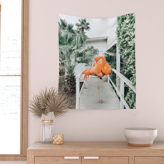 Flamingo Beach House, Wildlife Architecture Jungle Photography, Eclectic Birds Digital Art Wall Tapestry Gallery Image 2