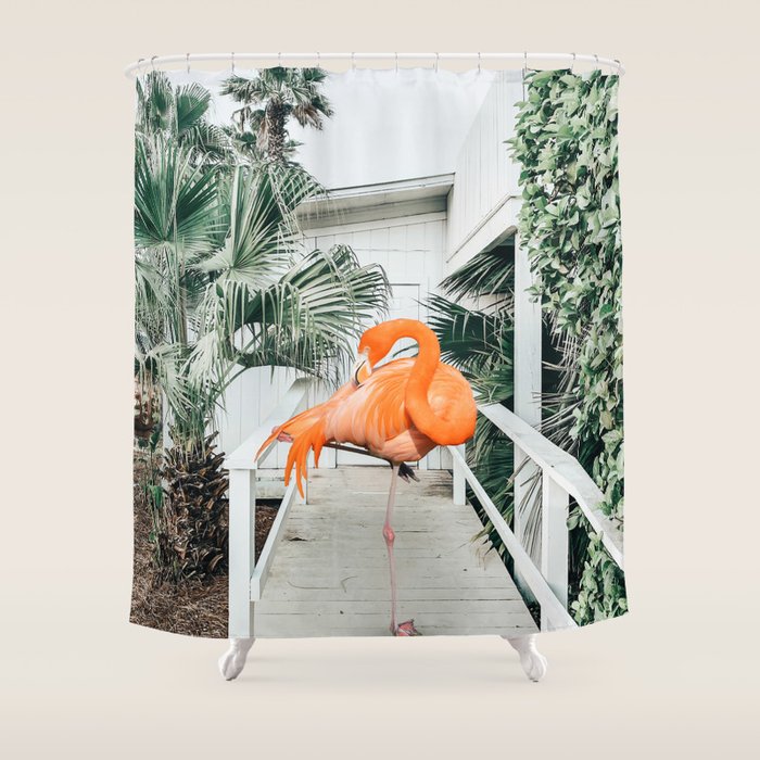 Flamingo Beach House, Wildlife Architecture Jungle Photography, Eclectic Birds Digital Art Shower Curtain Gallery Image 1