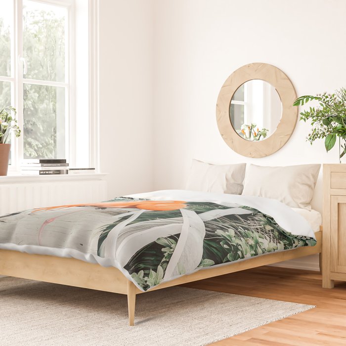 Flamingo Beach House, Wildlife Architecture Jungle Photography, Eclectic Birds Digital Art Duvet Cover Gallery Image 2