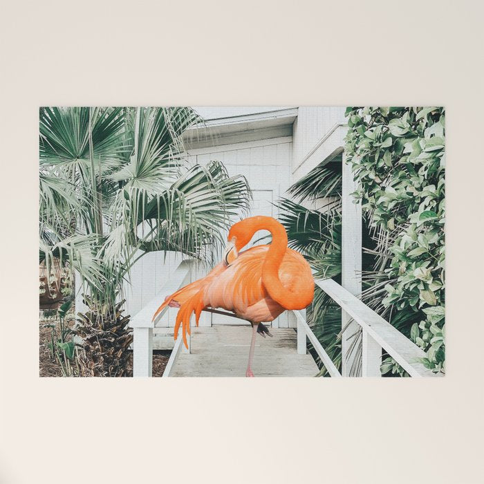 Flamingo Beach House, Wildlife Architecture Jungle Photography, Eclectic Birds Digital Art Welcome Mat Gallery Image 1