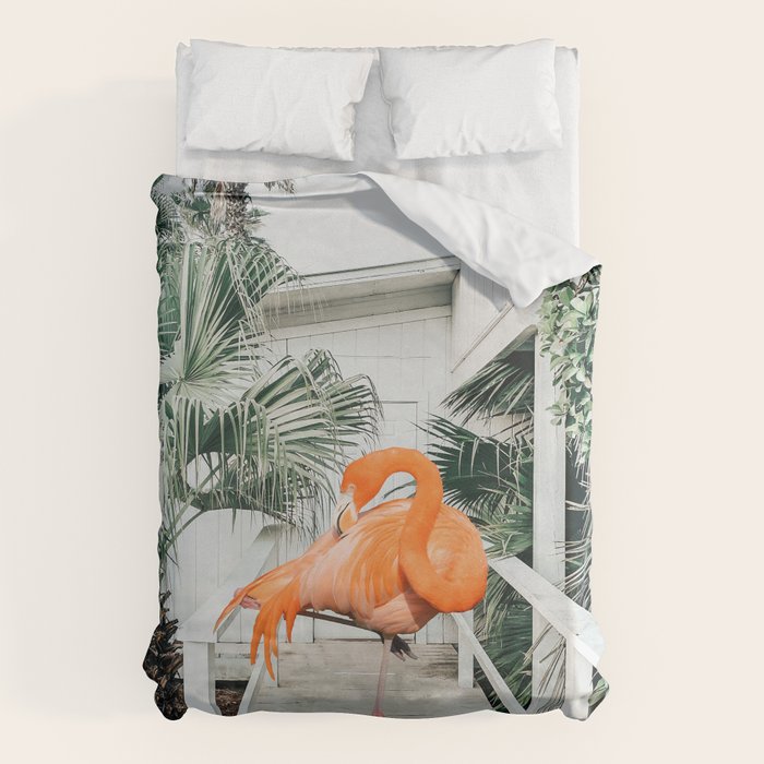 Flamingo Beach House, Wildlife Architecture Jungle Photography, Eclectic Birds Digital Art Duvet Cover Gallery Image 1