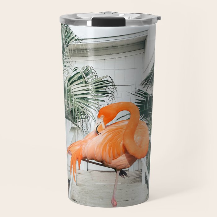 Flamingo Beach House, Wildlife Architecture Jungle Photography, Eclectic Birds Digital Art Travel Mug Gallery Image 1