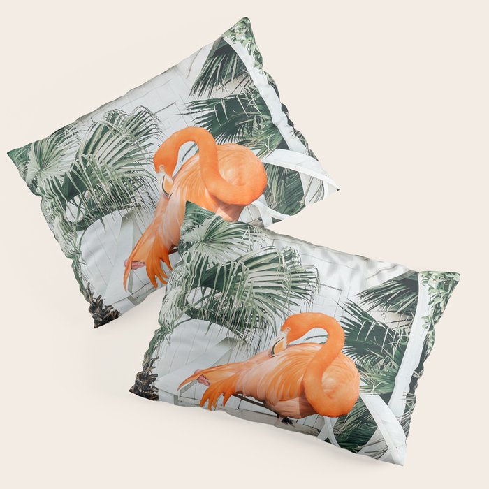 Flamingo Beach House, Wildlife Architecture Jungle Photography, Eclectic Birds Digital Art Pillow Sham Gallery Image 3