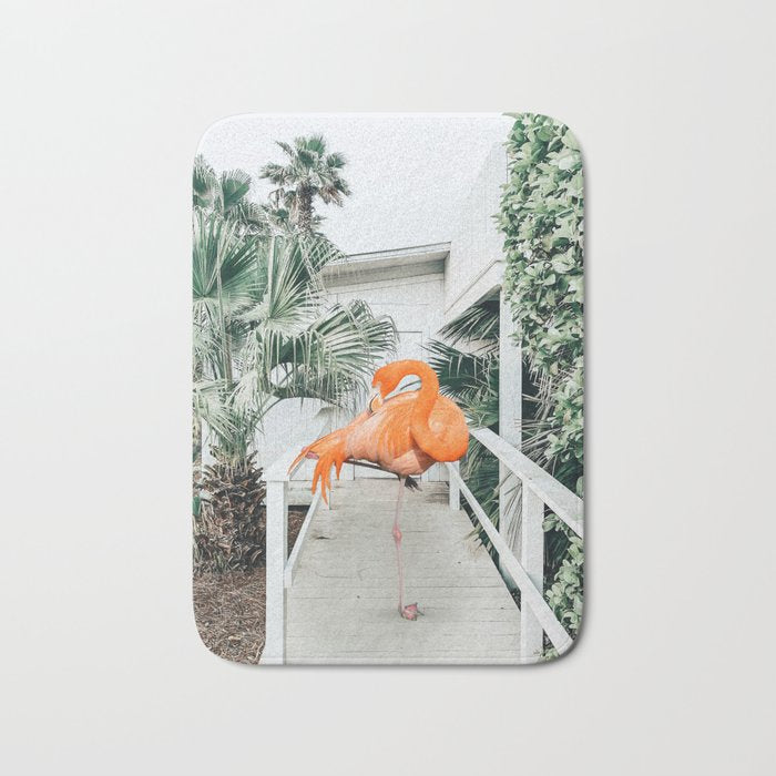 Flamingo Beach House, Wildlife Architecture Jungle Photography, Eclectic Birds Digital Art Bath Mat Gallery Image 1