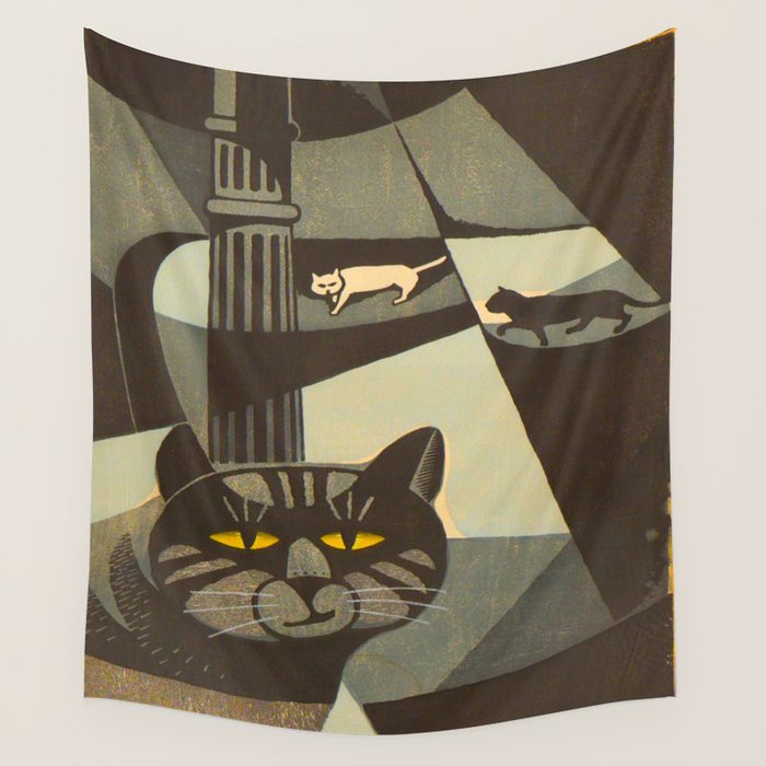 Inagaki Tomoo Vintage Japanese Woodblock print mid century Modern Cubism Art Cats Feline Wall Tapestry Gallery Image 4