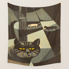 Inagaki Tomoo Vintage Japanese Woodblock print mid century Modern Cubism Art Cats Feline Wall Tapestry Gallery Image 4