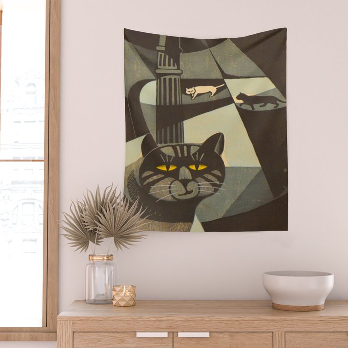 Inagaki Tomoo Vintage Japanese Woodblock print mid century Modern Cubism Art Cats Feline Wall Tapestry Gallery Image 2