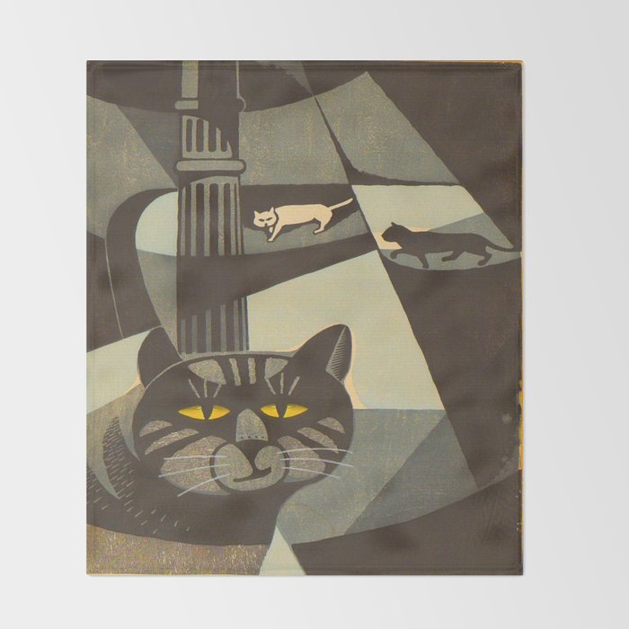 Inagaki Tomoo Vintage Japanese Woodblock print mid century Modern Cubism Art Cats Feline Throw Blanket Gallery Image 2