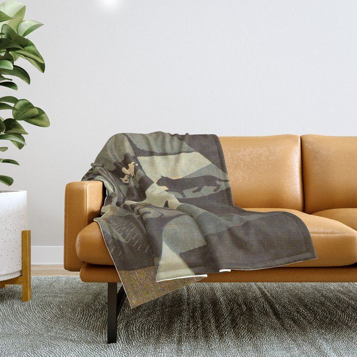 Inagaki Tomoo Vintage Japanese Woodblock print mid century Modern Cubism Art Cats Feline Throw Blanket Gallery Image 1