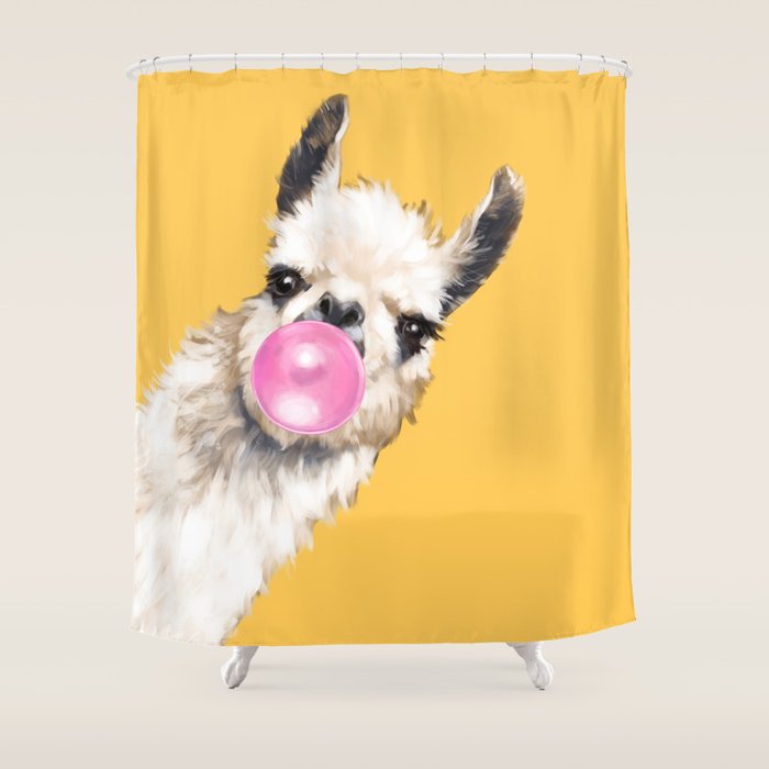 Bubble Gum Sneaky Llama in Yellow Shower Curtain Gallery Image 1
