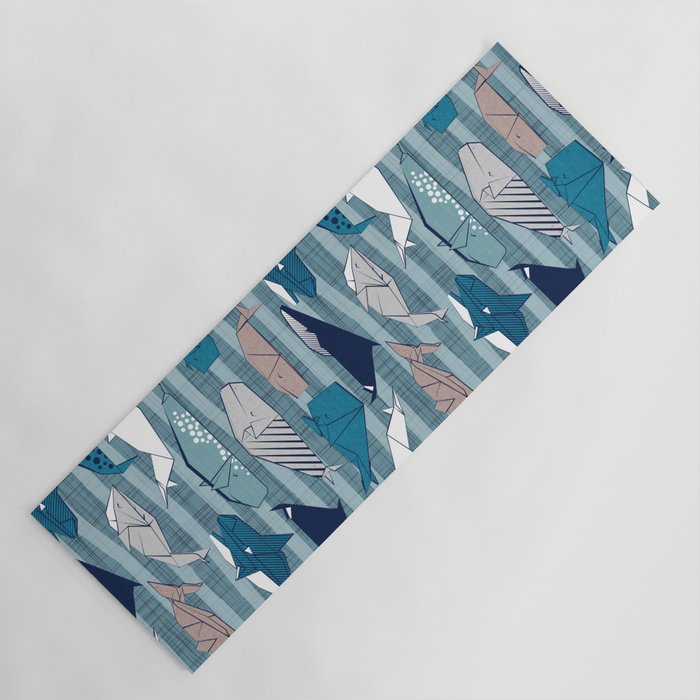 Origami Sea // linen texture and nautical stripes background teal white and taupe whales Yoga Mat Gallery Image 1