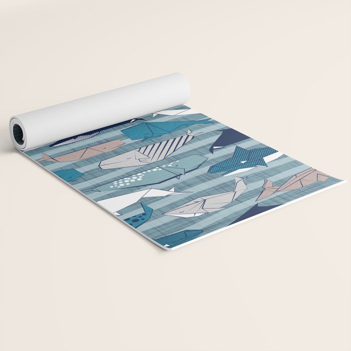 Origami Sea // linen texture and nautical stripes background teal white and taupe whales Yoga Mat Gallery Image 2