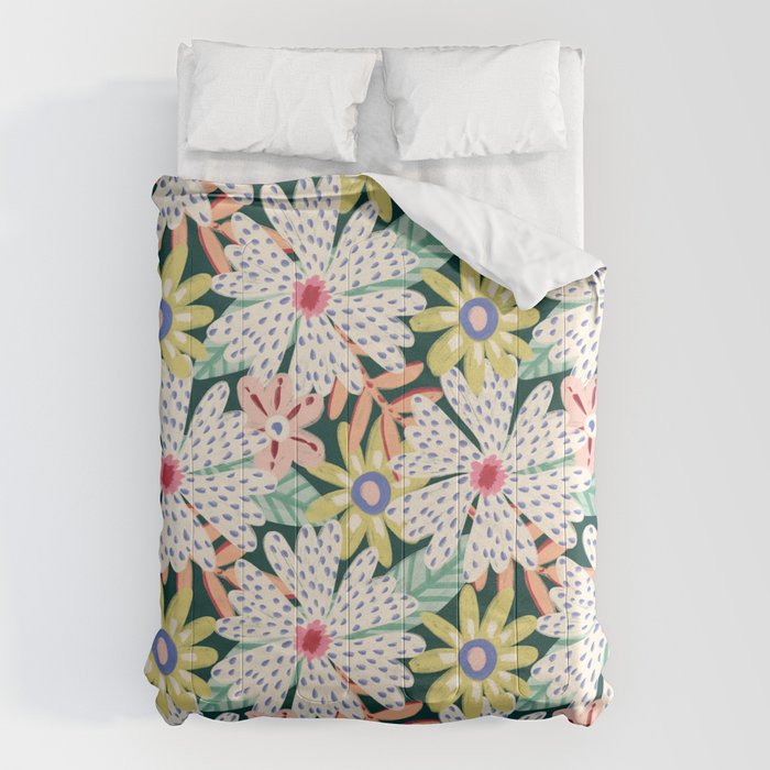 Summer Bloom - Dark Green Background  Comforter Gallery Image 6