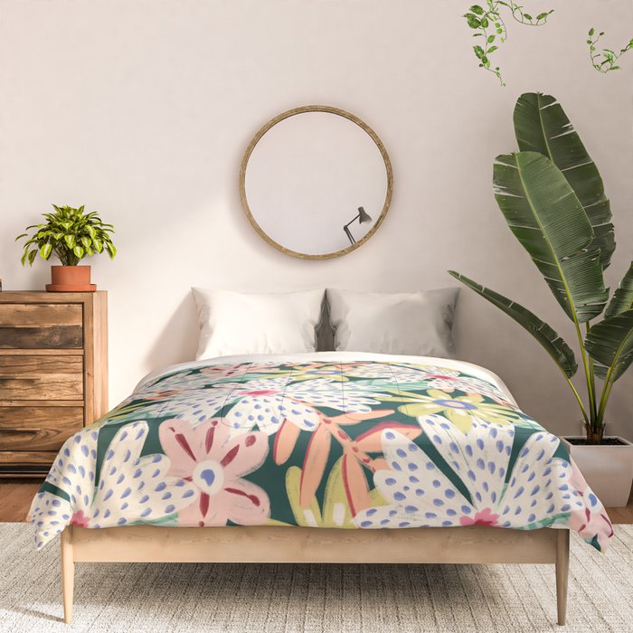 Summer Bloom - Dark Green Background  Comforter Gallery Image 3