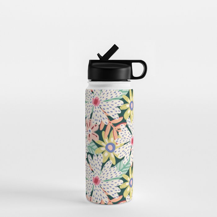 Summer Bloom - Dark Green Background  Water Bottle Gallery Image 1