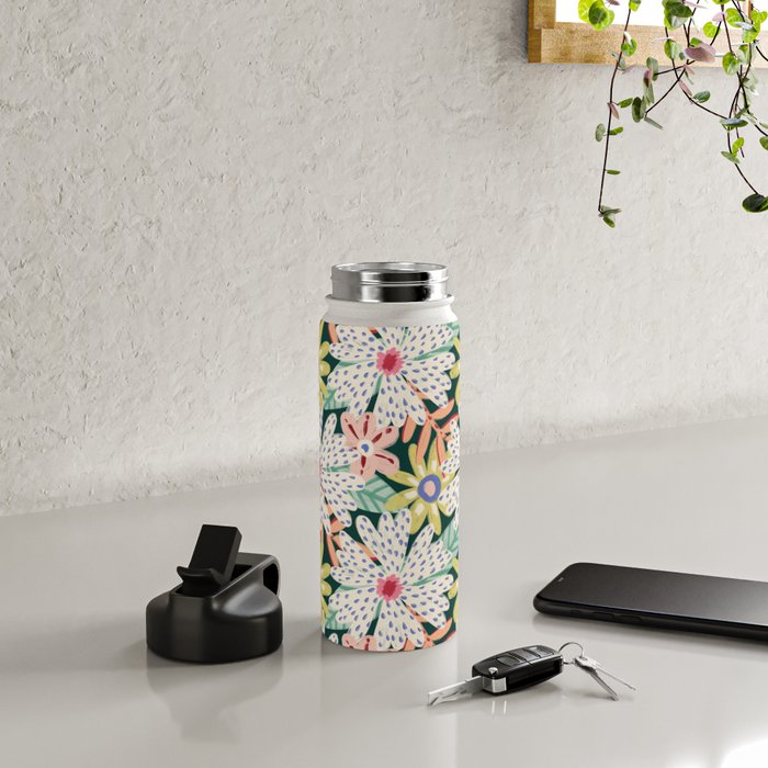 Summer Bloom - Dark Green Background  Water Bottle Gallery Image 4