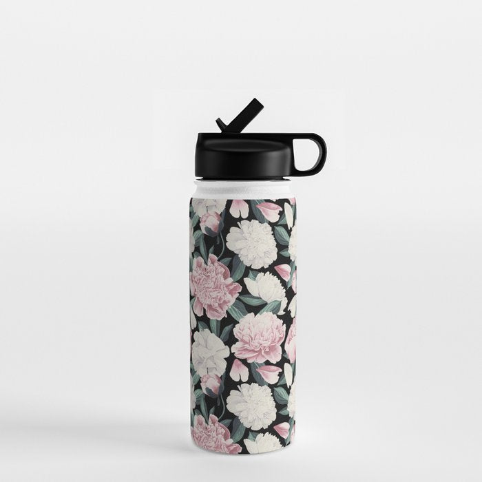 Chic Peonies on Black Water Bottle Gallery Image 1