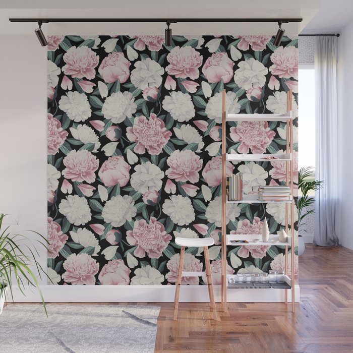 Chic Peonies on Black Wall Mural Gallery Image 1