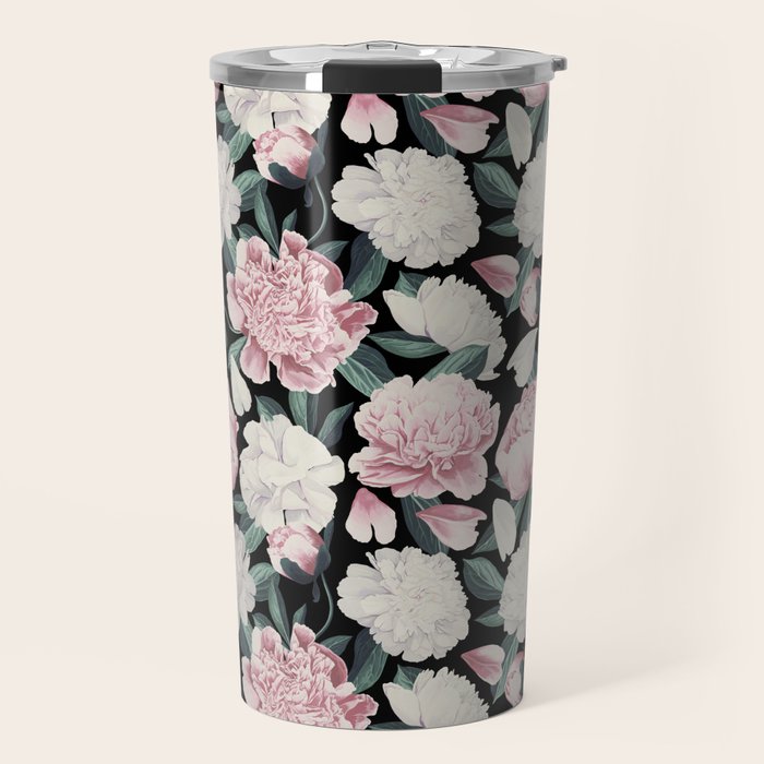 Chic Peonies on Black Travel Mug Gallery Image 1