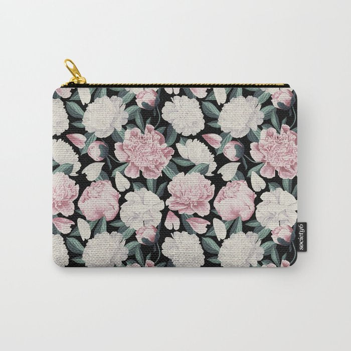 Chic Peonies on Black Carry All Pouch Gallery Image 1