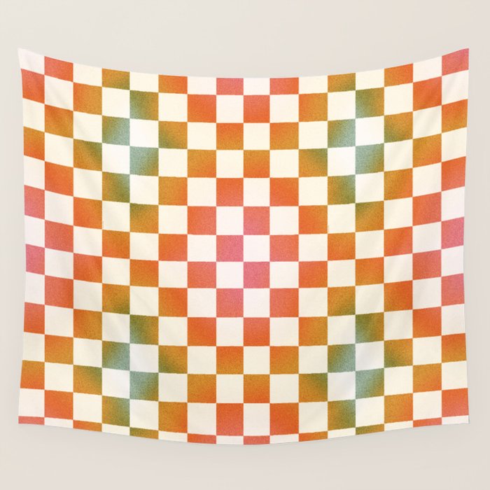 Rainbow Checkered Print in Cream Wall Tapestry Gallery Image 1