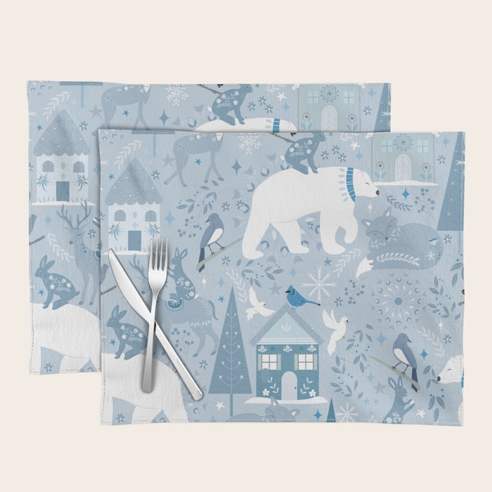 Scandinavian style festive winter animals blue Placemat Gallery Image 1