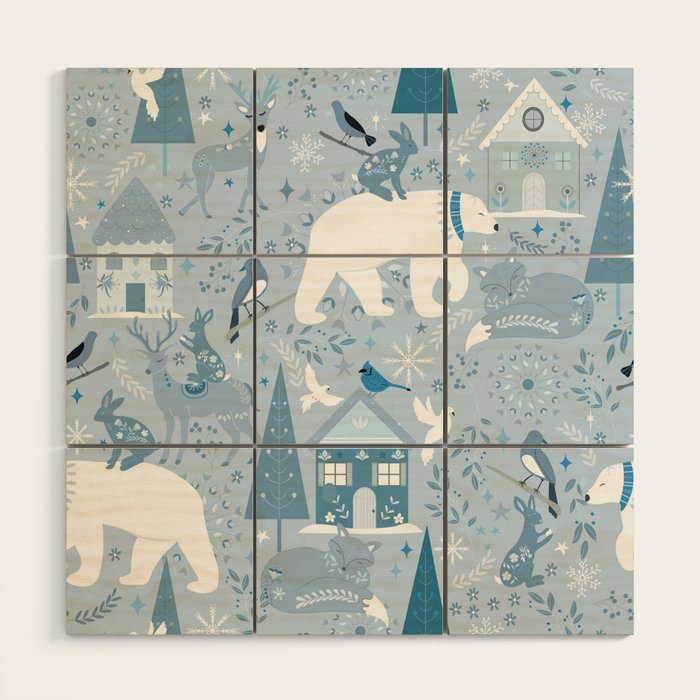 Scandinavian style festive winter animals blue Wood Wall Art Gallery Image 1