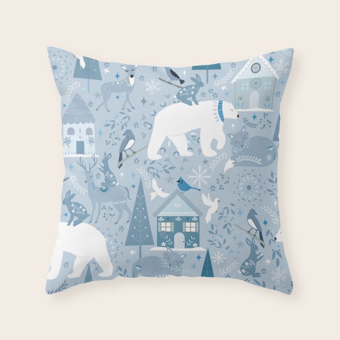 Scandinavian style festive winter animals blue Throw Pillow Gallery Image 1