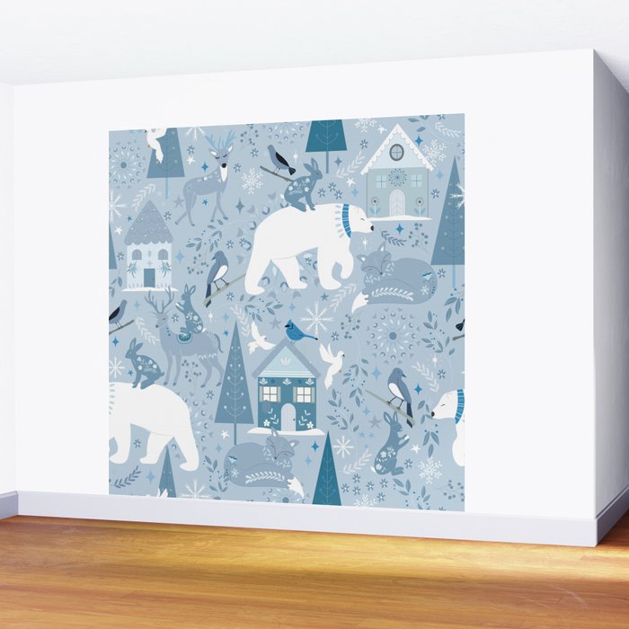 Scandinavian style festive winter animals blue Wall Mural Gallery Image 2