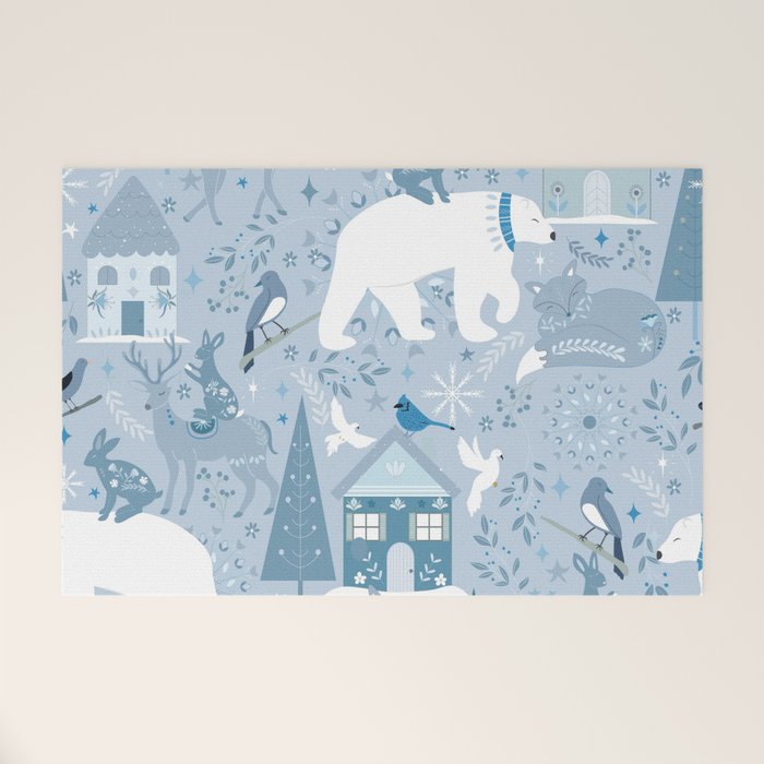 Scandinavian style festive winter animals blue Welcome Mat Gallery Image 1