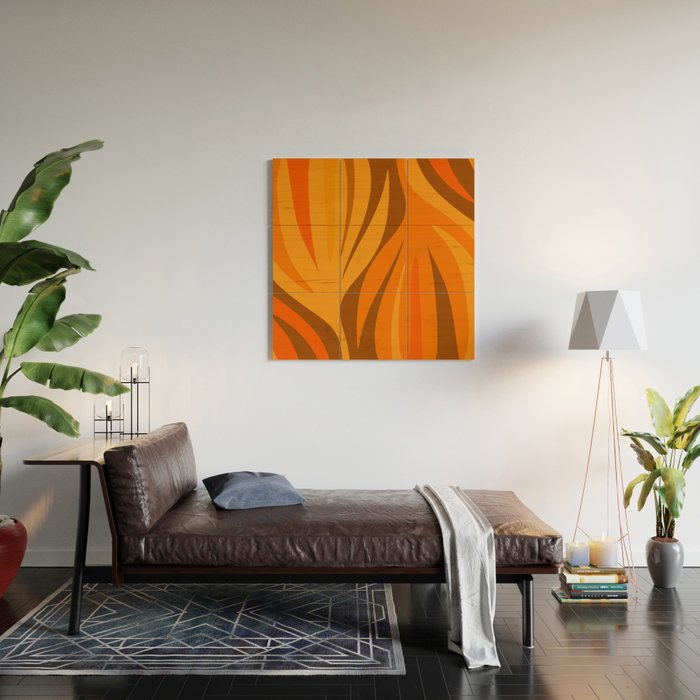 Maldives Leaves Modern Abstract Pattern in 70s Brown and Orange Wood Wall Art Gallery Image 2