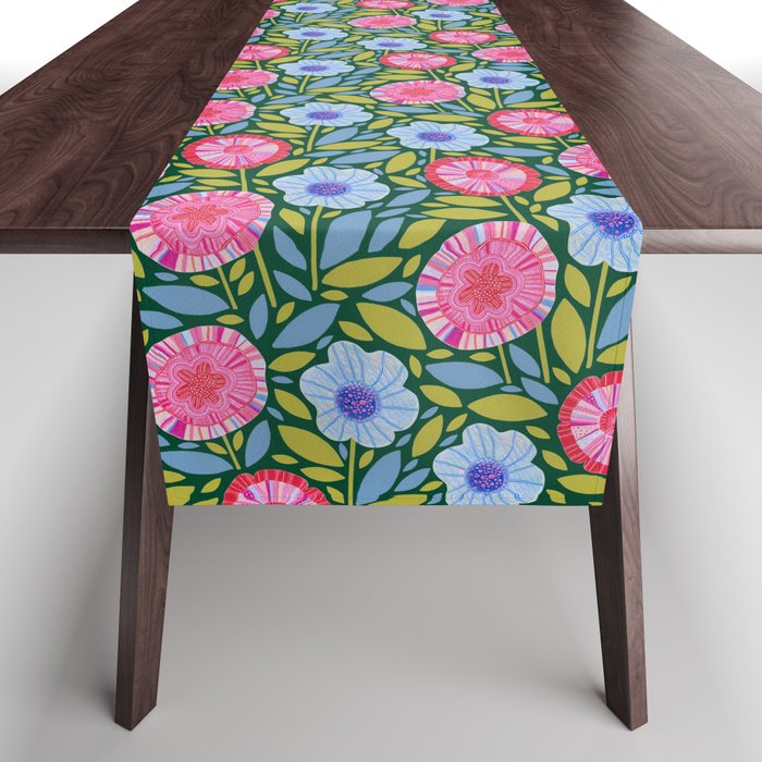 Folk Floral Blossoms in Forest Green Table Runner Gallery Image 1
