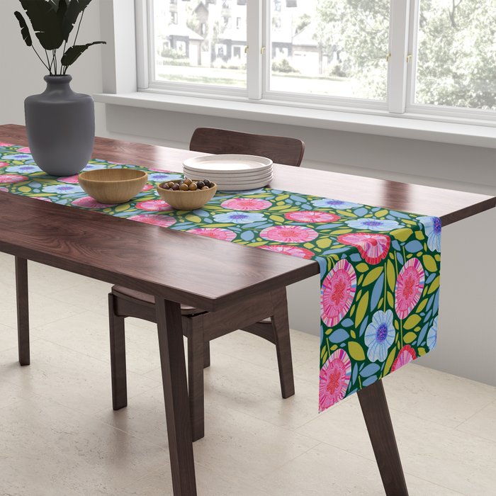 Folk Floral Blossoms in Forest Green Table Runner Gallery Image 2