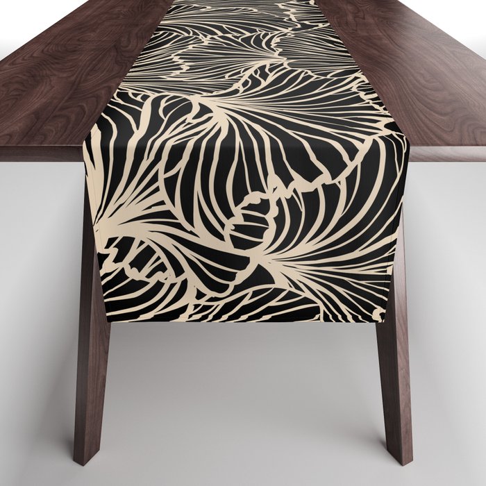 Decorative Leaf Pattern, Floral Prints, Cream and Black Table Runner Gallery Image 1