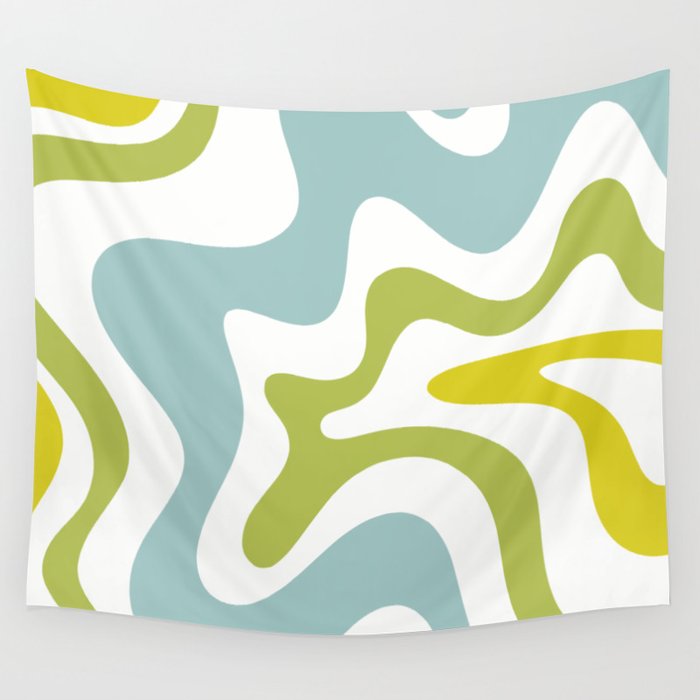 Retro Liquid Swirl Abstract Pattern Square Spring Green Ice Blue White  Wall Tapestry Gallery Image 1