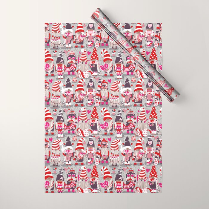 I gnome you more // grey background red and pink Valentine's Day gnomes and motifs Wrapping Paper Gallery Image 1