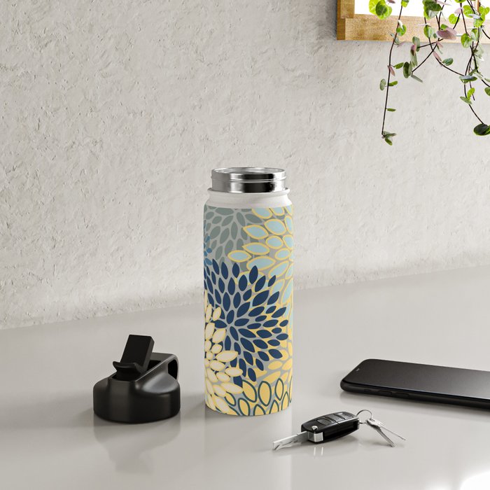Floral Print, Yellow, Gray, Blue, Teal Water Bottle Gallery Image 5
