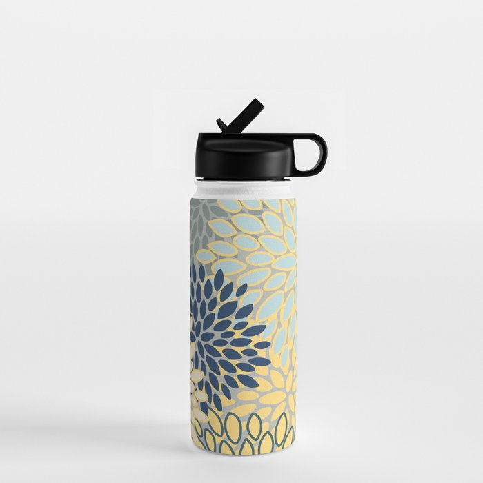 Floral Print, Yellow, Gray, Blue, Teal Water Bottle Gallery Image 1