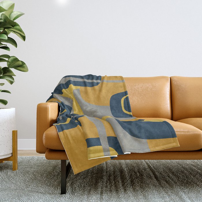 Midcentury Modern Abstract 2 in Mustard, Navy Blue, and Gray Throw Blanket Gallery Image 1