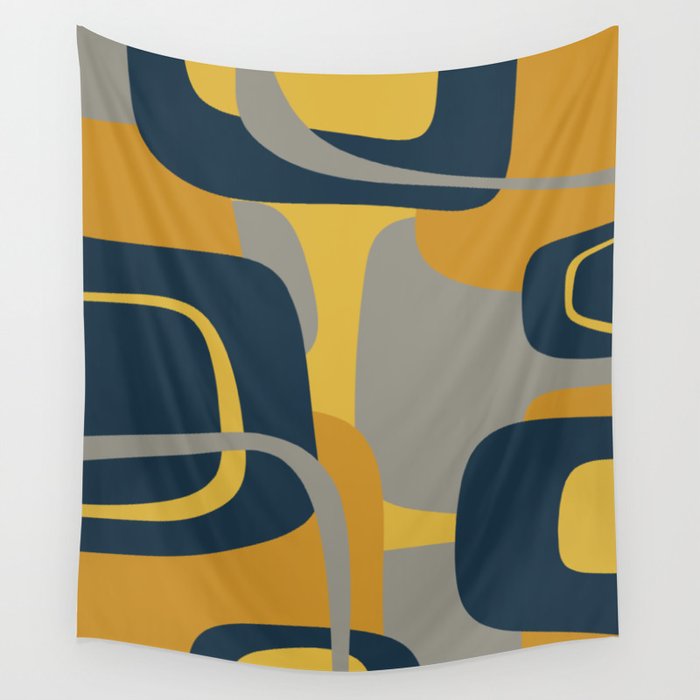 Midcentury Modern Abstract 2 in Mustard, Navy Blue, and Gray Wall Tapestry Gallery Image 1
