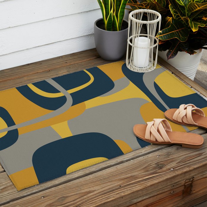 Midcentury Modern Abstract 2 in Mustard, Navy Blue, and Gray Outdoor Rug Gallery Image 2