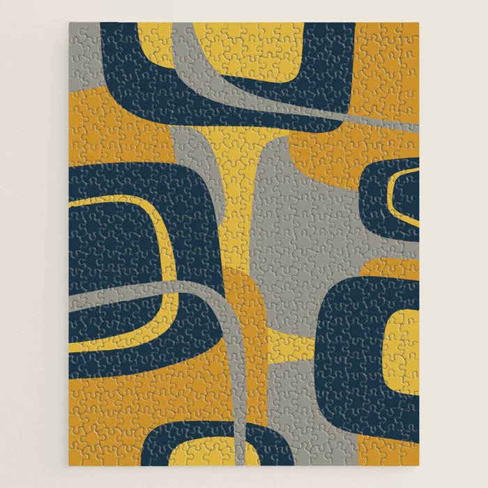 Midcentury Modern Abstract 2 in Mustard, Navy Blue, and Gray Jigsaw Puzzle Gallery Image 1