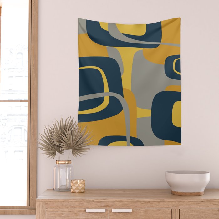 Midcentury Modern Abstract 2 in Mustard, Navy Blue, and Gray Wall Tapestry Gallery Image 2