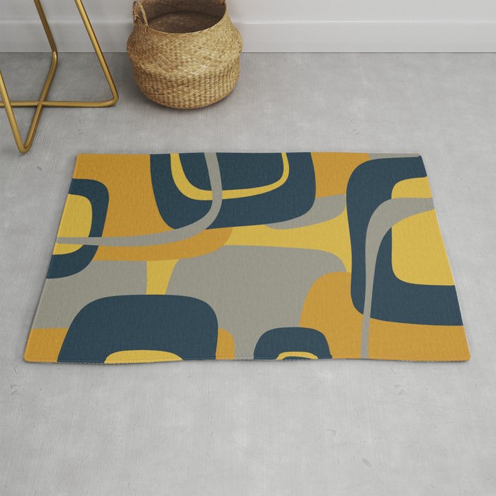 Midcentury Modern Abstract 2 in Mustard, Navy Blue, and Gray Rug Gallery Image 1