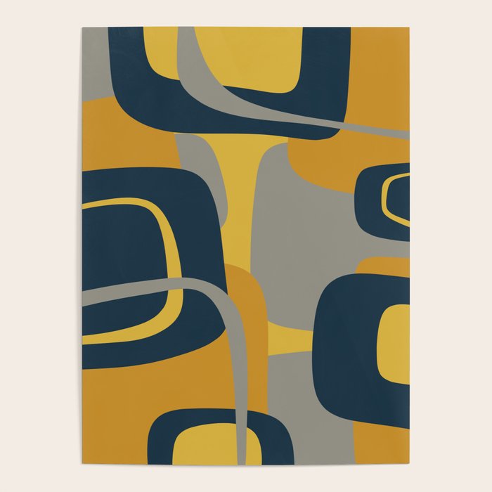 Midcentury Modern Abstract 2 in Mustard, Navy Blue, and Gray Poster Gallery Image 1