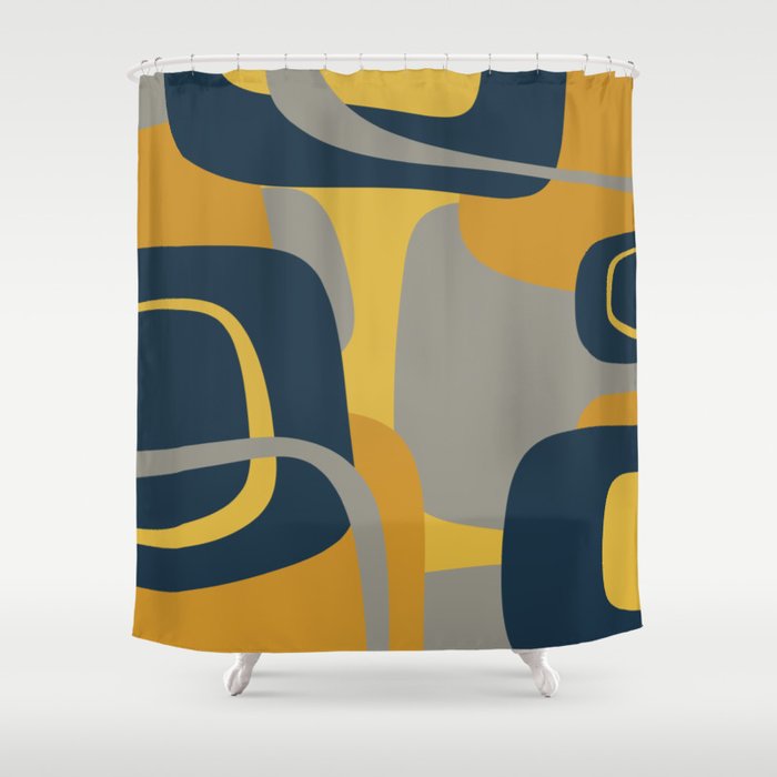 Midcentury Modern Abstract 2 in Mustard, Navy Blue, and Gray Shower Curtain Gallery Image 1