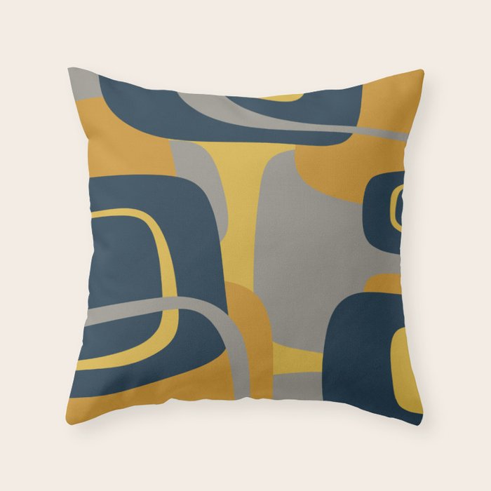 Midcentury Modern Abstract 2 in Mustard, Navy Blue, and Gray Throw Pillow Gallery Image 1