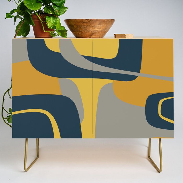 Midcentury Modern Abstract 2 in Mustard, Navy Blue, and Gray Credenza Gallery Image 1