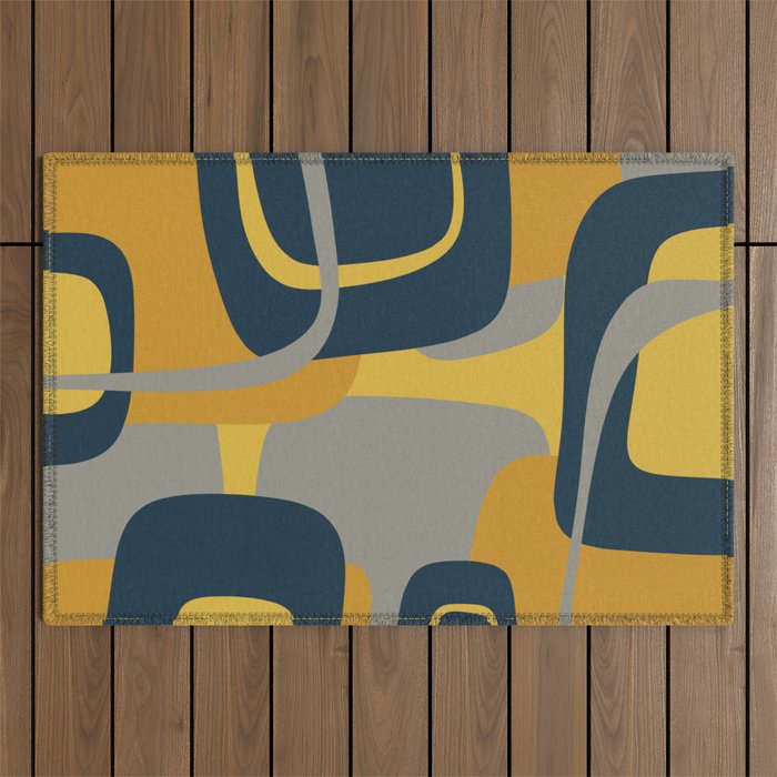 Midcentury Modern Abstract 2 in Mustard, Navy Blue, and Gray Outdoor Rug Gallery Image 1